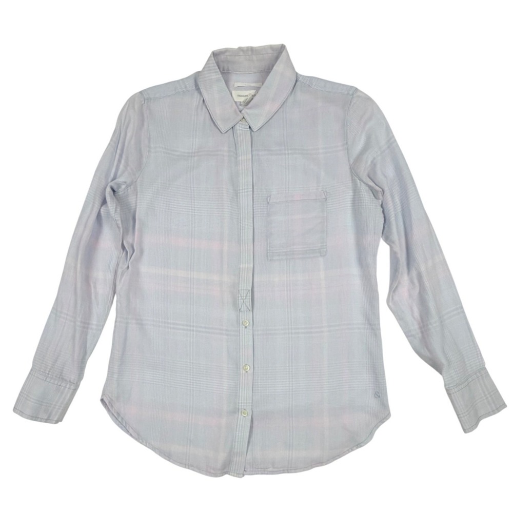 Treasure & Bond Womens XS Light Blue Pink Plaid Classic Button-Down Long Sleeve